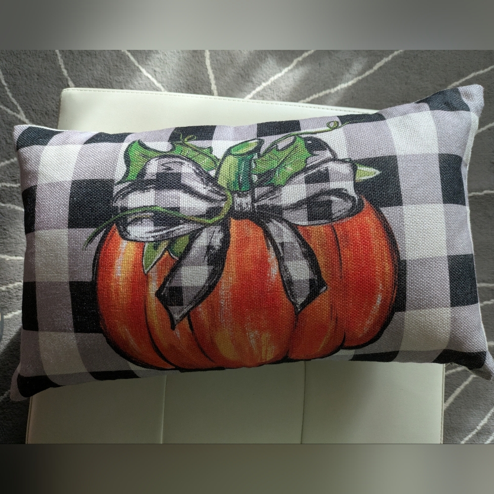 Autumn Hand painted Pumpkin Farmhouse Buffalo Check Lumbar Pillow